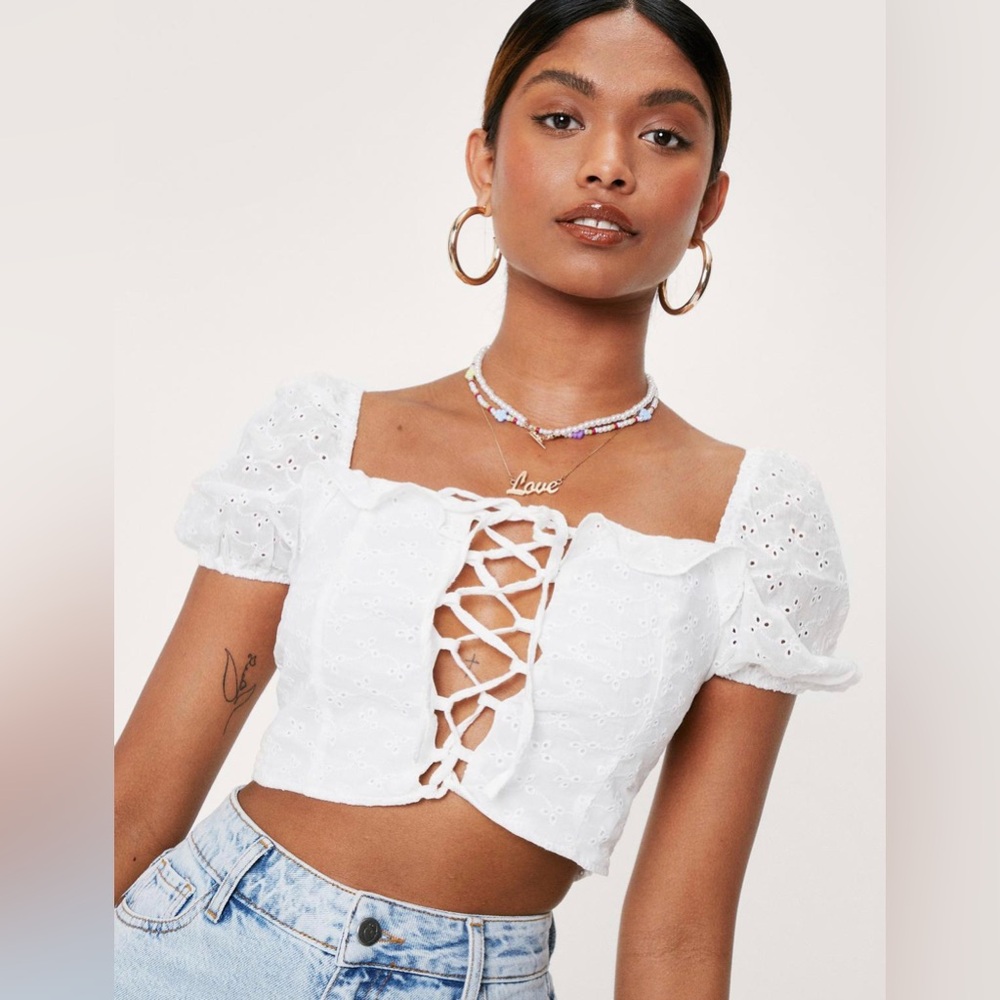 Nasty Gal White Puff Sleeves Crop Blouse SIZE 10